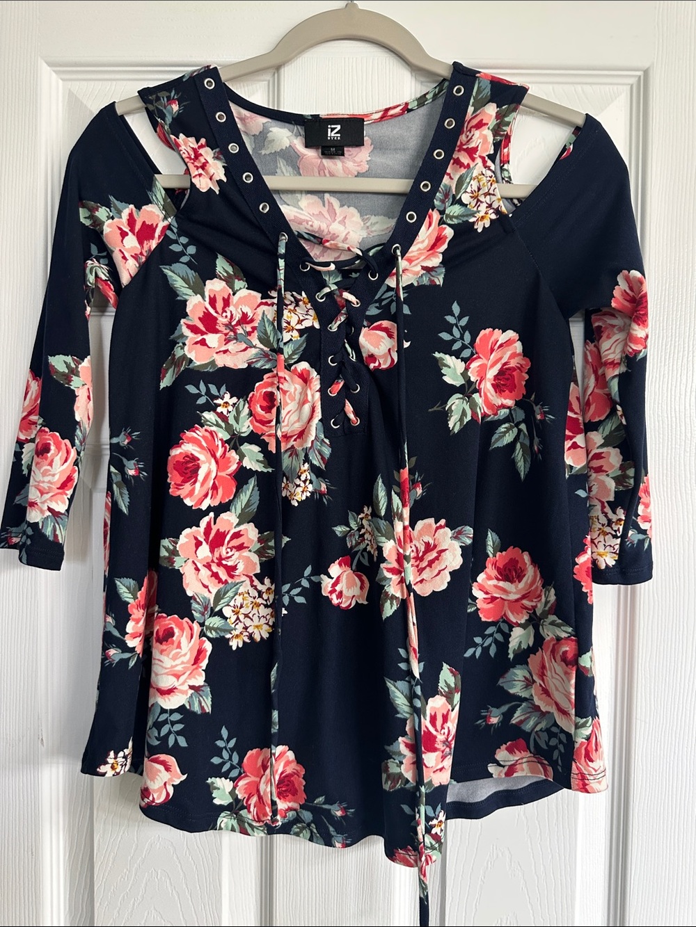 Iz Byer Black Floral Cold-Shoulder Lace-Up Tunic